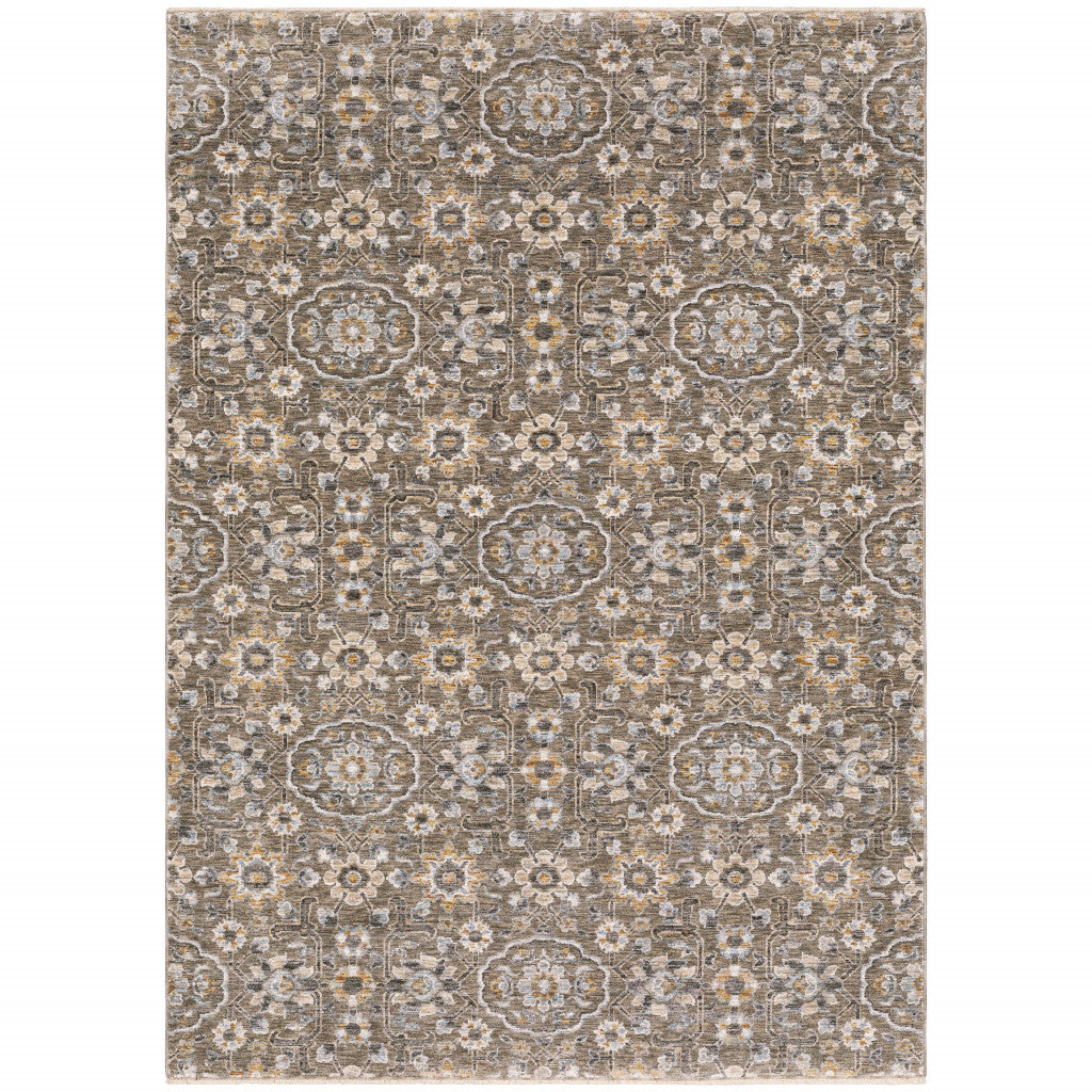 2' X 3' Grey And Tan Floral Power Loom Stain Resistant Area Rug With Fringe