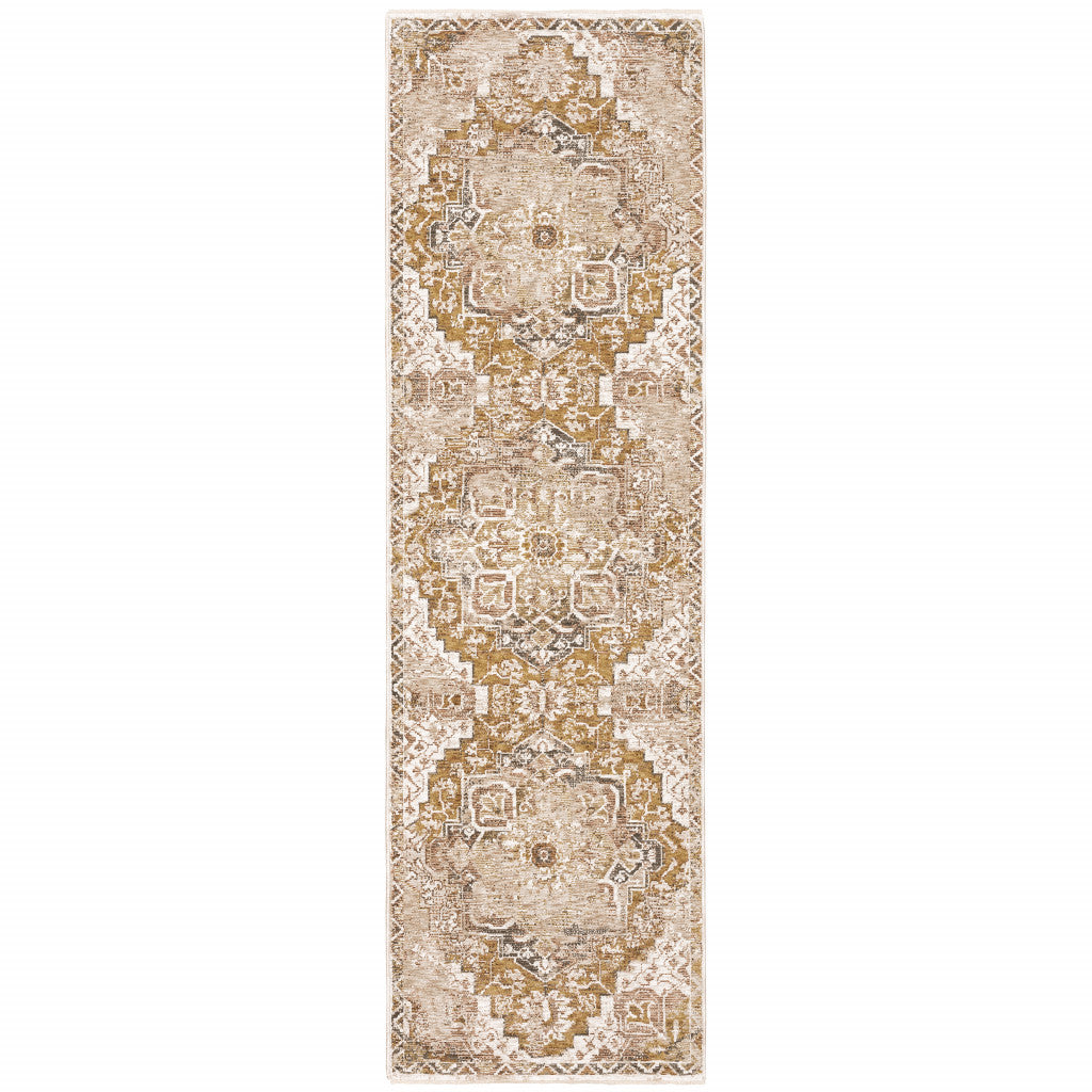 2' X 8' Gold And Ivory Oriental Power Loom Stain Resistant Runner Rug With Fringe