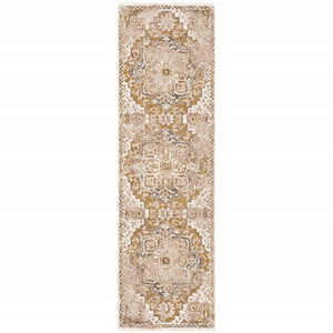 2' X 8' Gold And Ivory Oriental Power Loom Stain Resistant Runner Rug With Fringe