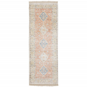 2' X 8' Orange And Blue Oriental Hand Loomed Stain Resistant Runner Rug With Fringe