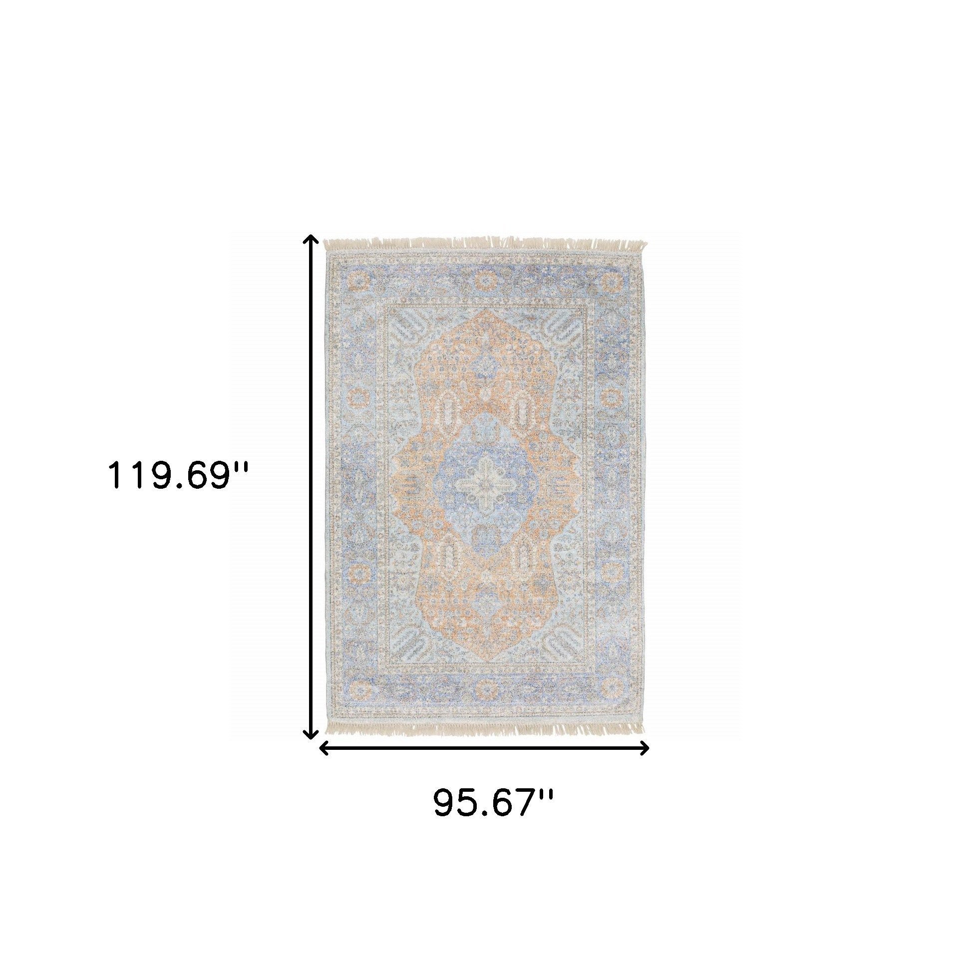 8' X 10' Blue And Red Oriental Hand Loomed Stain Resistant Area Rug With Fringe