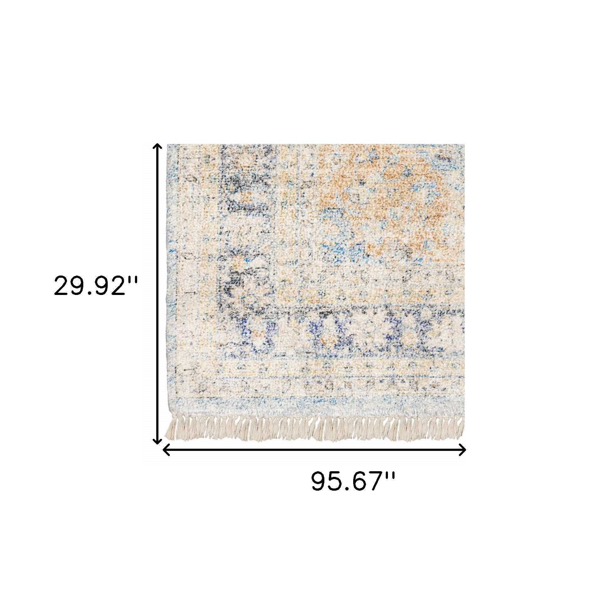 2' X 8' Blue And Beige Oriental Hand Loomed Stain Resistant Runner Rug With Fringe