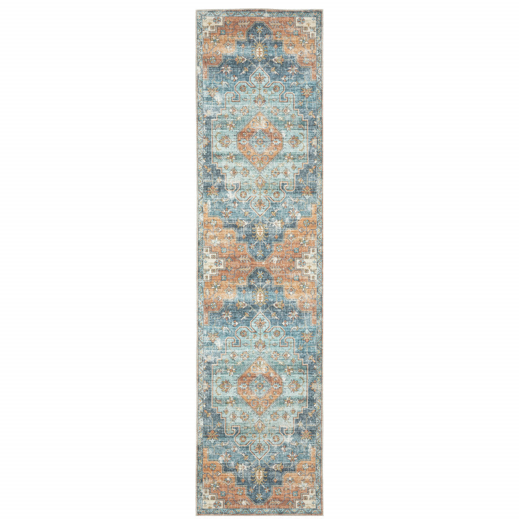 Orange Blue Teal Green And Beige Oriental Power Loom Stain Resistant Runner Rug - 2' x 8'