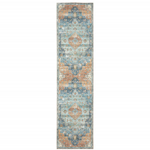 Orange Blue Teal Green And Beige Oriental Power Loom Stain Resistant Runner Rug - 2' x 8'