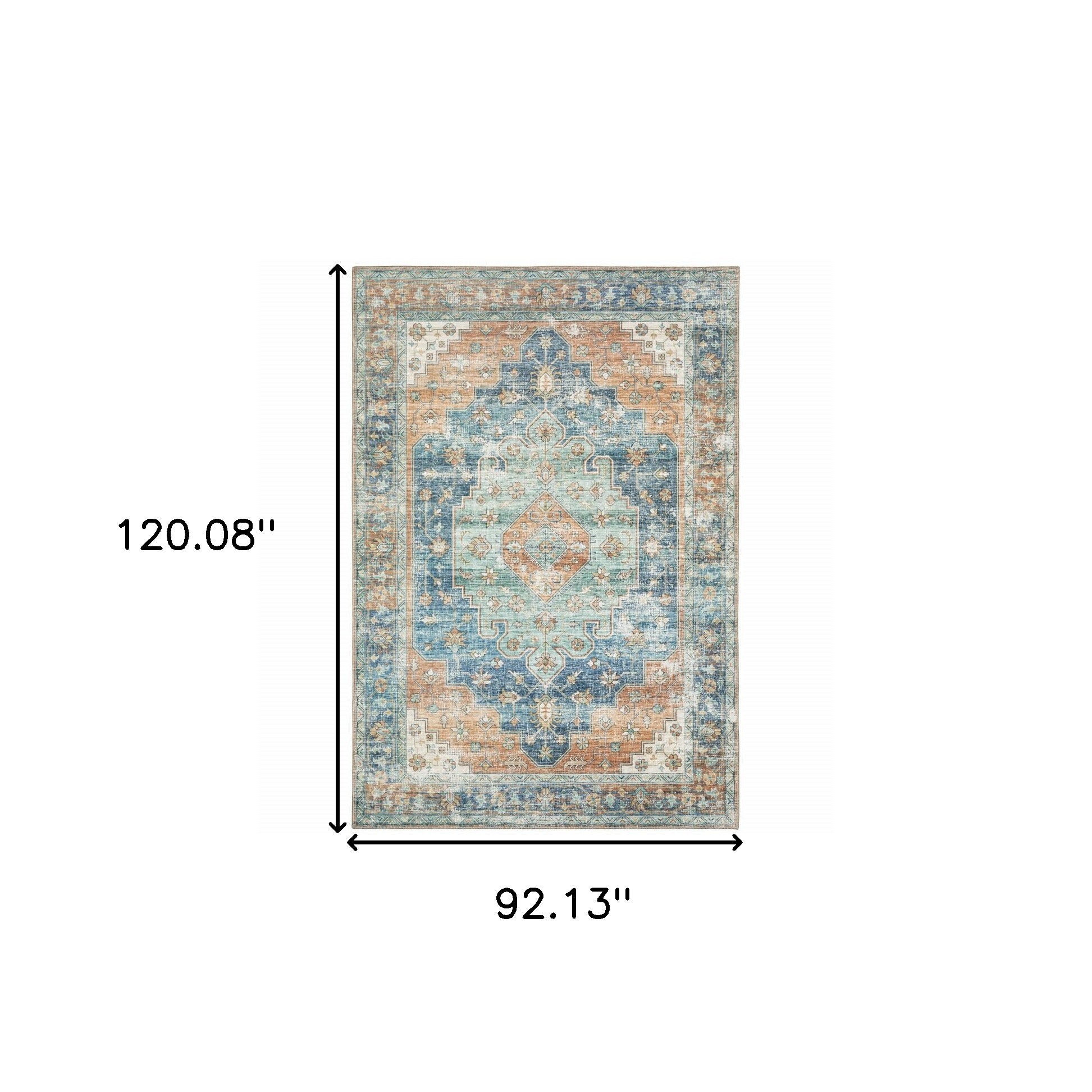 Orange Blue Teal Green And Beige Oriental Power Loom Stain Resistant Area Rug - 8' x 10'