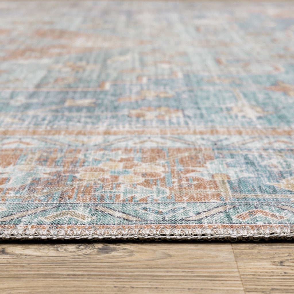 Orange Blue Teal Green And Beige Oriental Power Loom Stain Resistant Area Rug - 8' x 10'