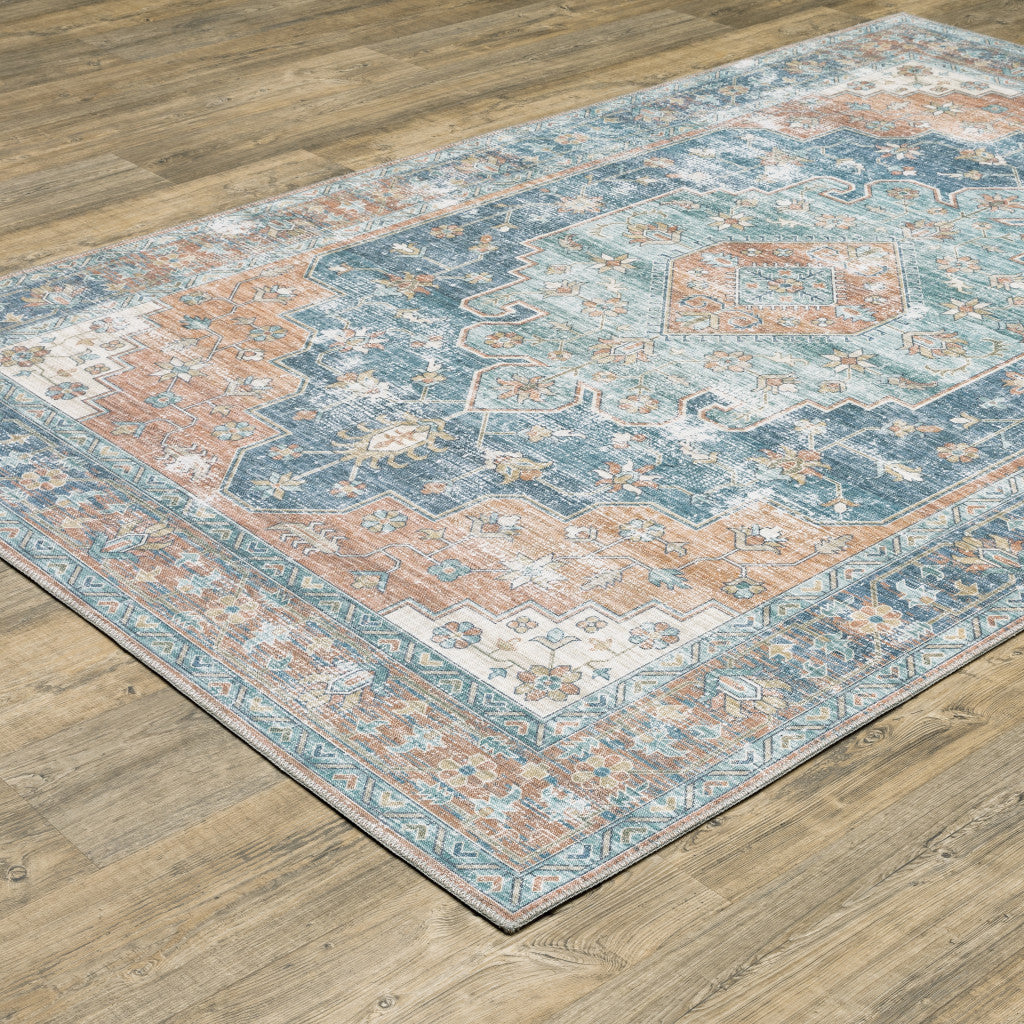 Orange Blue Teal Green And Beige Oriental Power Loom Stain Resistant Area Rug - 8' x 10'