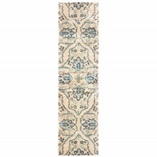 2' X 8' Ivory And Blue Floral Power Loom Stain Resistant Runner Rug