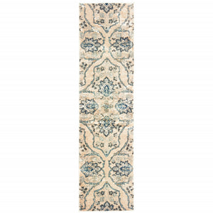 2' X 8' Ivory And Blue Floral Power Loom Stain Resistant Runner Rug