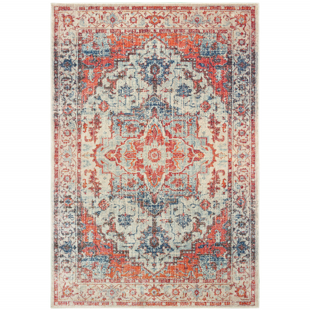 4' X 6' Blue And Orange Oriental Power Loom Stain Resistant Area Rug