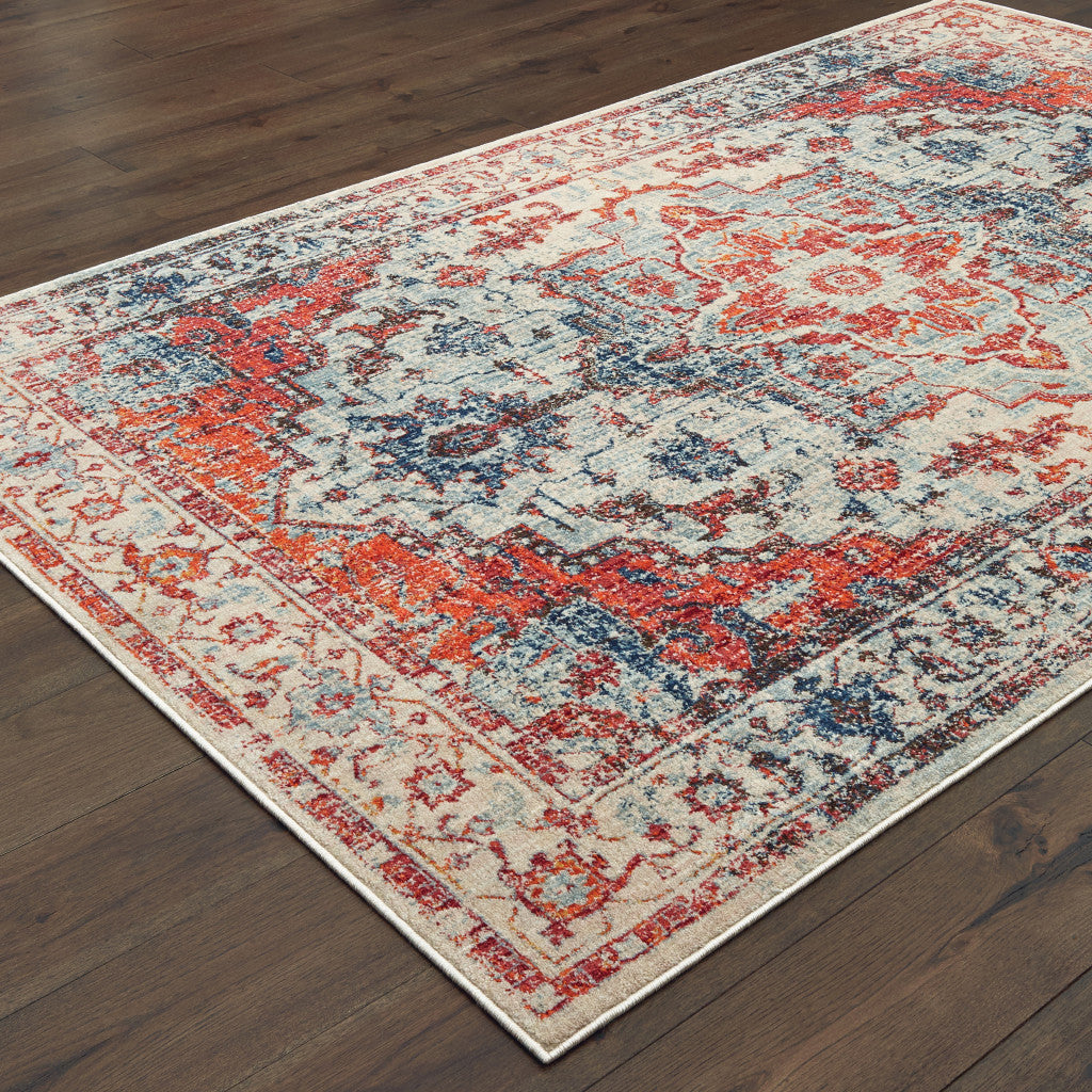 4' X 6' Blue And Orange Oriental Power Loom Stain Resistant Area Rug