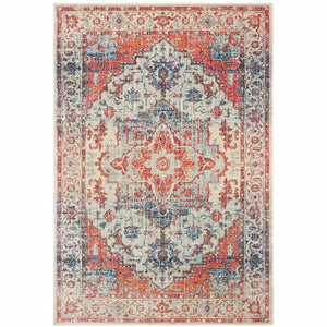 5' X 8' Blue And Orange Oriental Power Loom Stain Resistant Area Rug