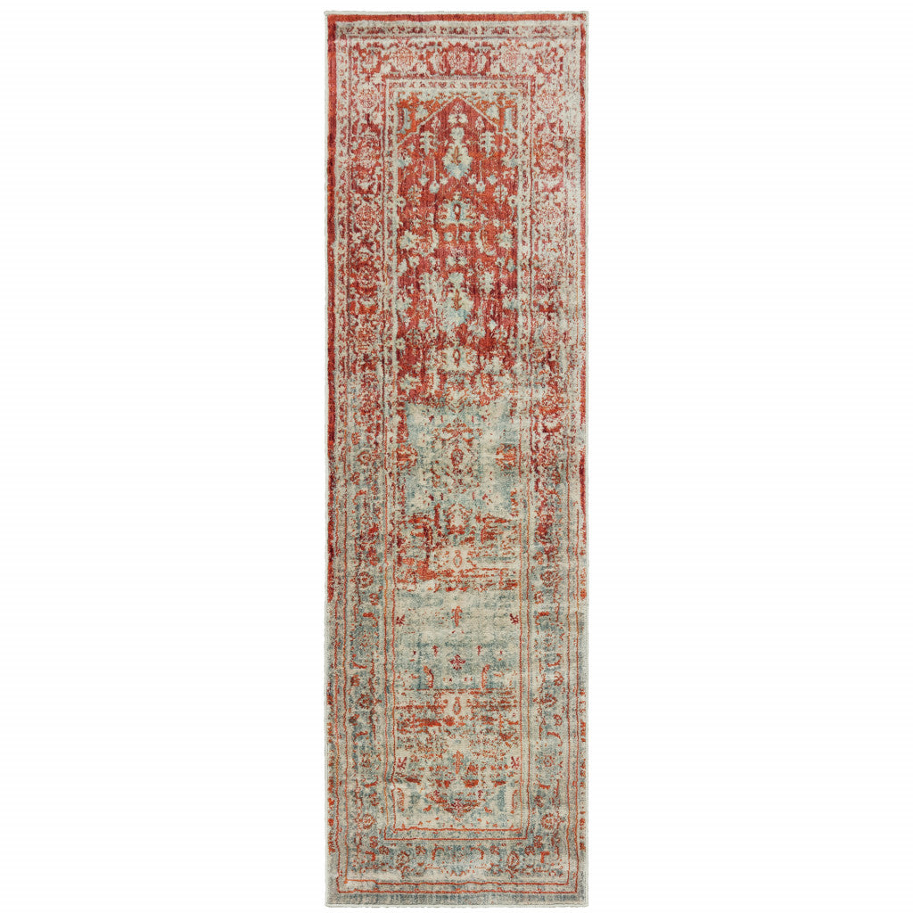 2' X 8' Grey And Orange Oriental Power Loom Stain Resistant Runner Rug