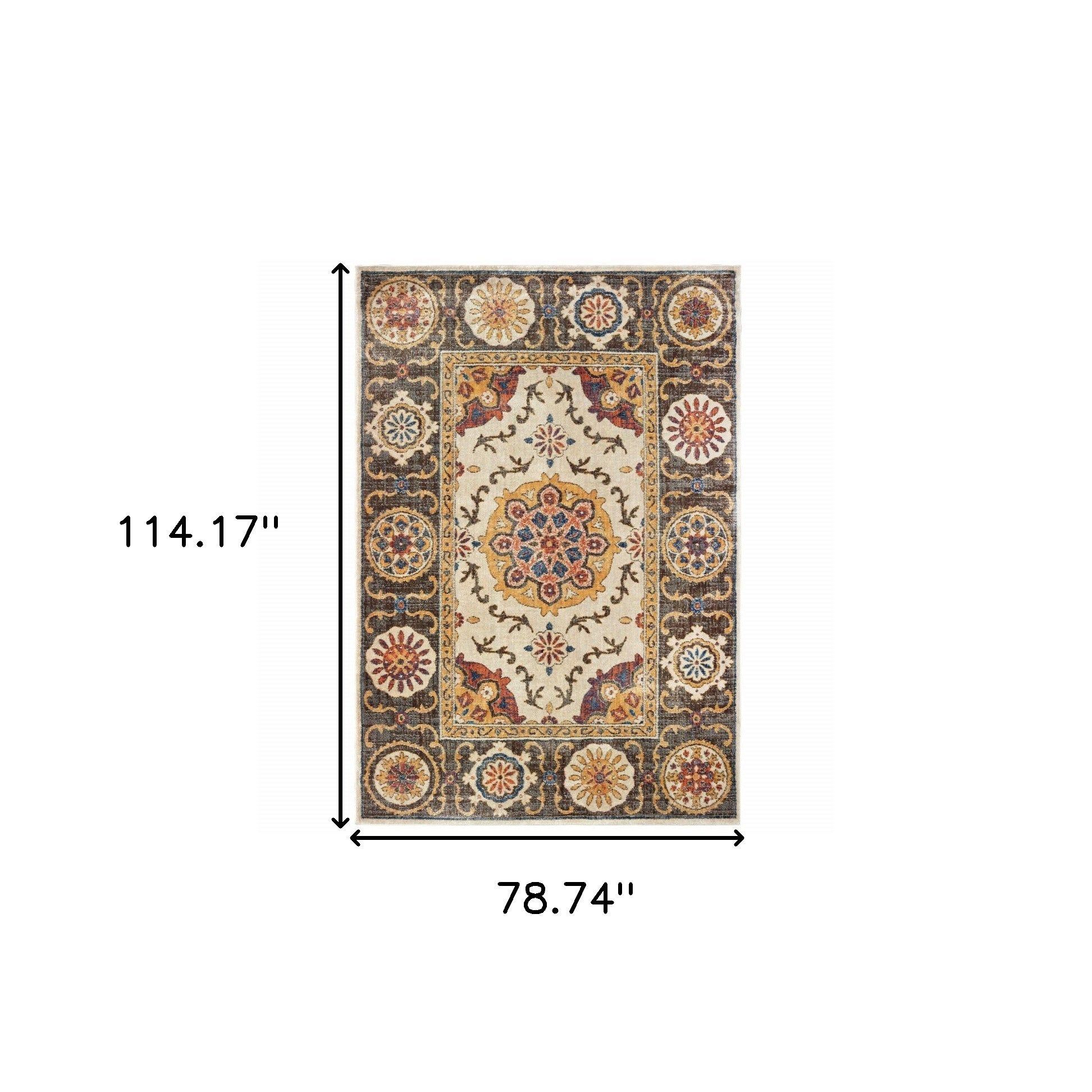 6' X 9' Ivory And Brown Oriental Power Loom Stain Resistant Area Rug