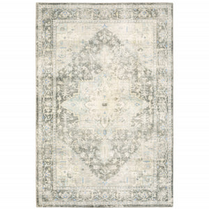 5' X 7' Grey Ivory And Blue Oriental Power Loom Stain Resistant Area Rug