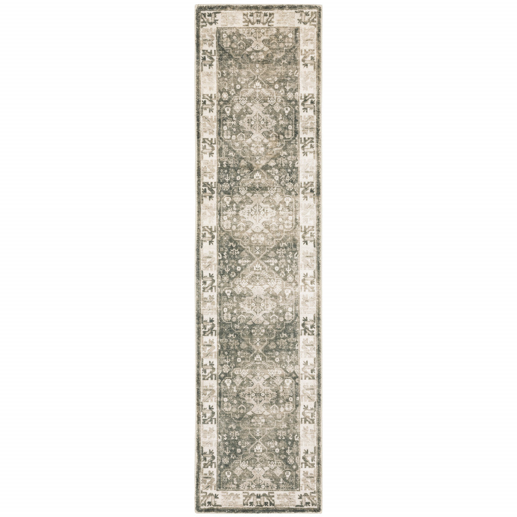2' X 8' Grey Ivory Tan And Beige Oriental Power Loom Stain Resistant Runner Rug