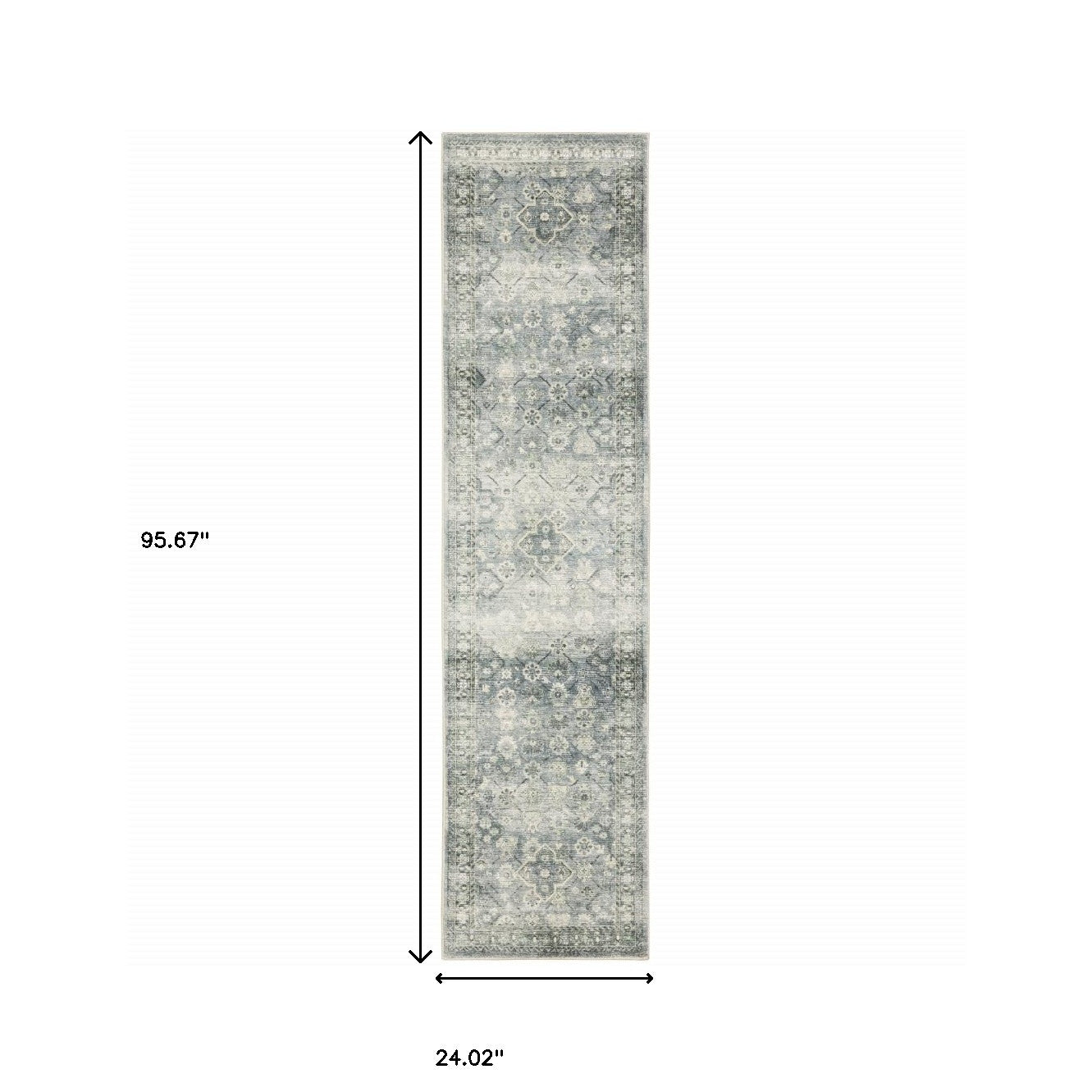2' X 8' Blue Ivory And Grey Oriental Power Loom Stain Resistant Runner Rug