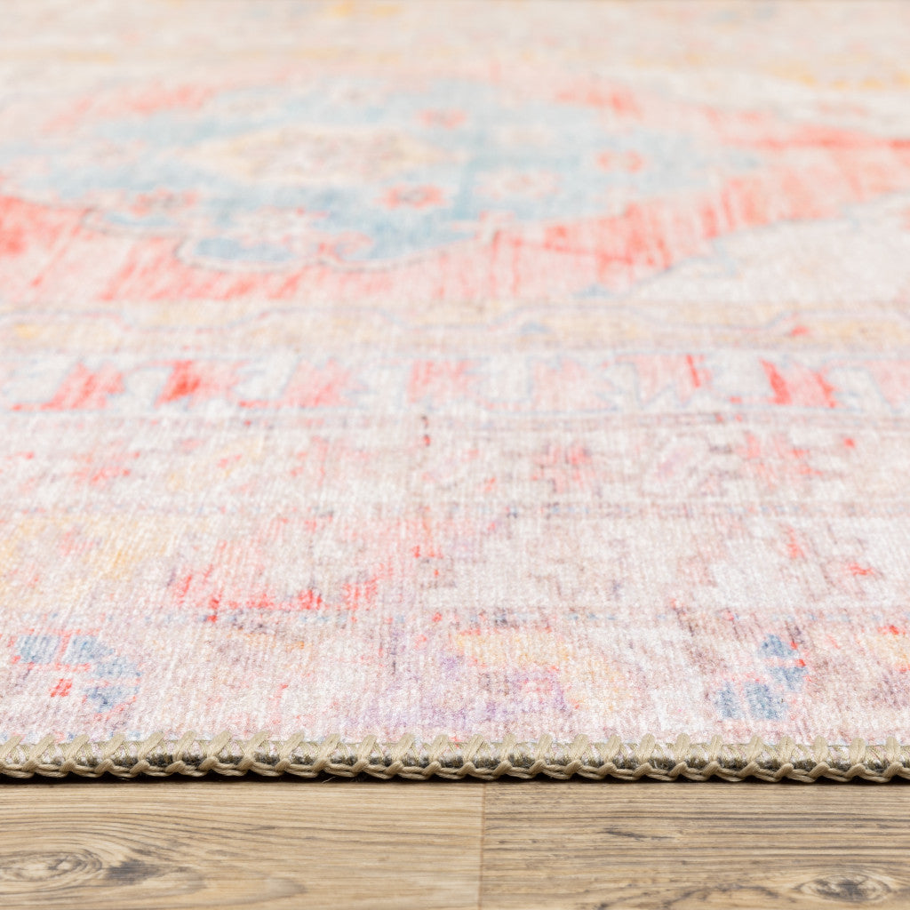 9' X 12' Pink And Blue Oriental Power Loom Stain Resistant Area Rug