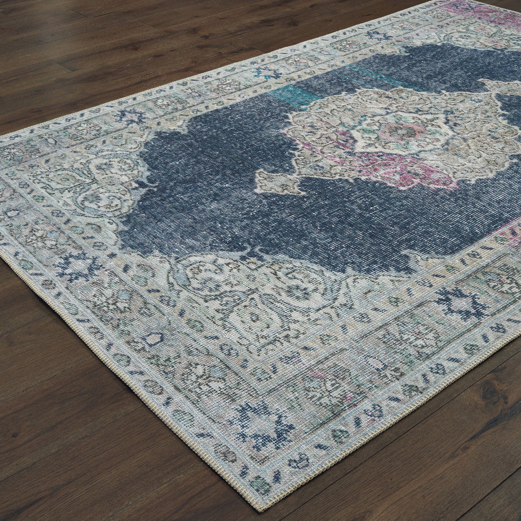 4' X 6' Blue And Grey Oriental Power Loom Stain Resistant Area Rug