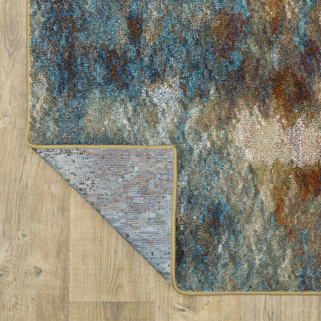 2' X 8' Blue Gold Teal Rust Grey And Beige Abstract Power Loom Stain Resistant Runner Rug