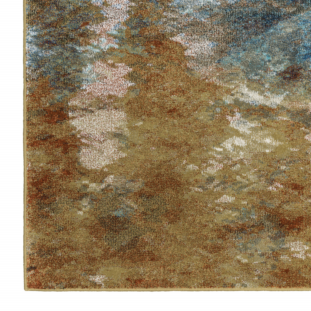 2' X 8' Blue Gold Teal Rust Grey And Beige Abstract Power Loom Stain Resistant Runner Rug