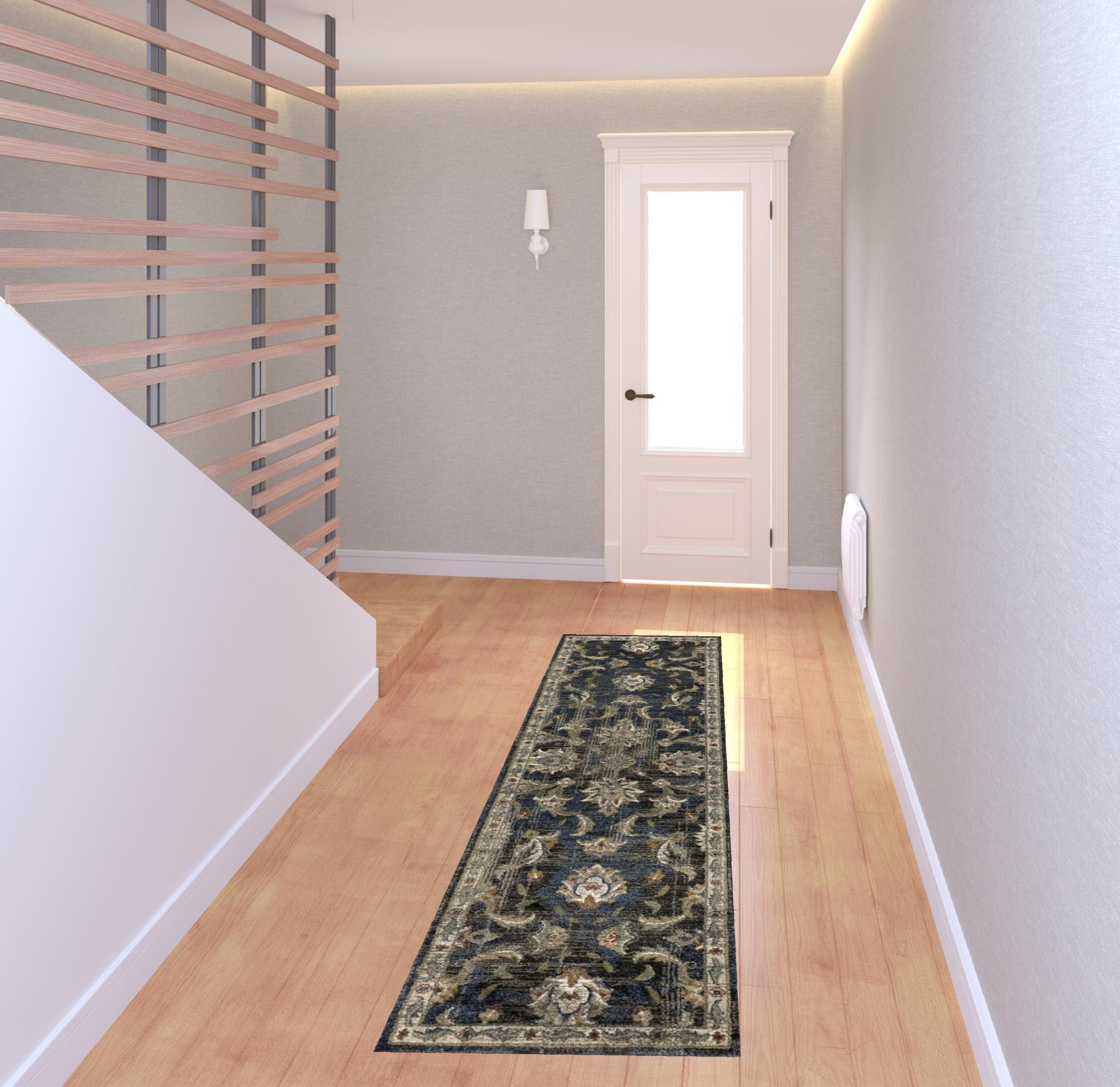 2' X 8' Charcoal Blue Gold Rust And Beige Oriental Power Loom Stain Resistant Runner Rug