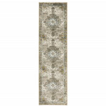 2' X 8' Grey Blue Beige And Gold Oriental Power Loom Stain Resistant Runner Rug