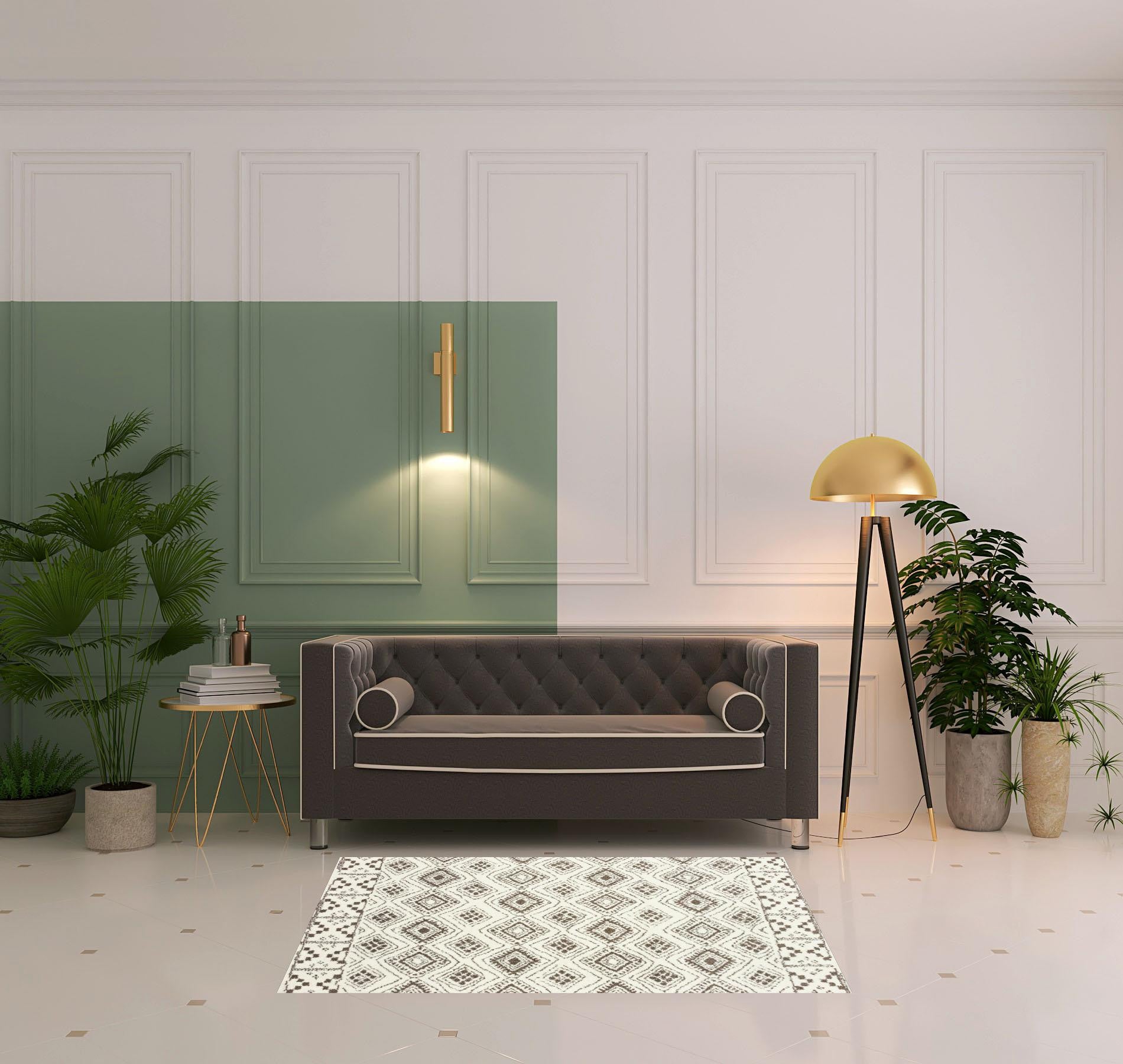 Ivory And Brown Geometric Shag Power Loom Stain Resistant Area Rug - 4' x 6'