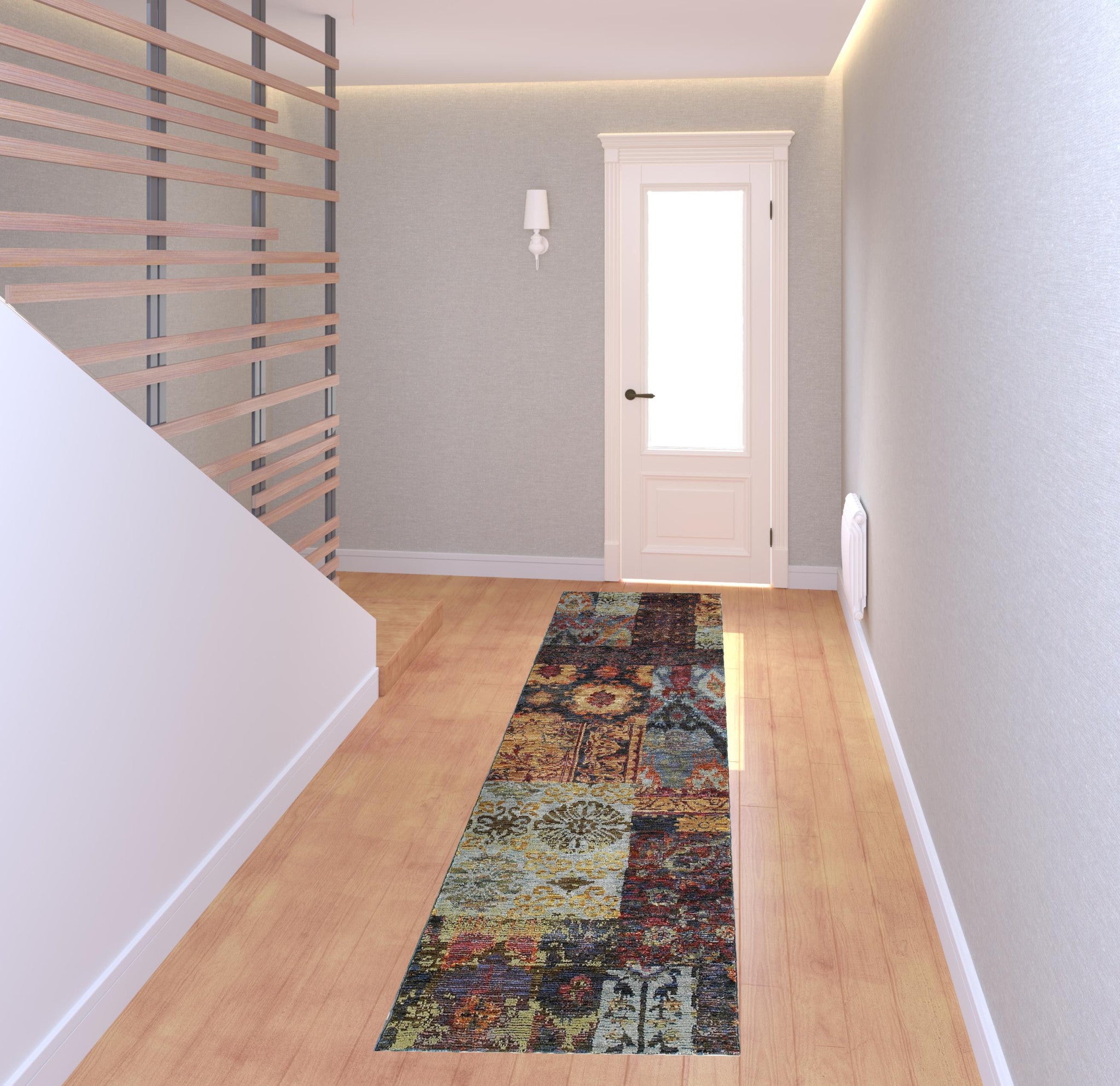 2' X 8' Gold Blue Purple Green And Red Abstract Power Loom Stain Resistant Runner Rug