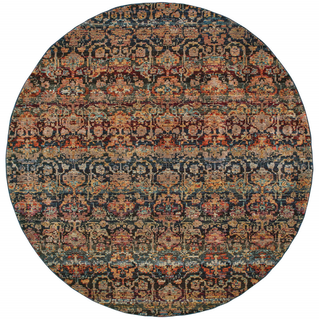 8' Multi And Blue Round Abstract Power Loom Stain Resistant Area Rug
