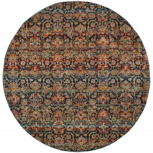 8' Multi And Blue Round Abstract Power Loom Stain Resistant Area Rug