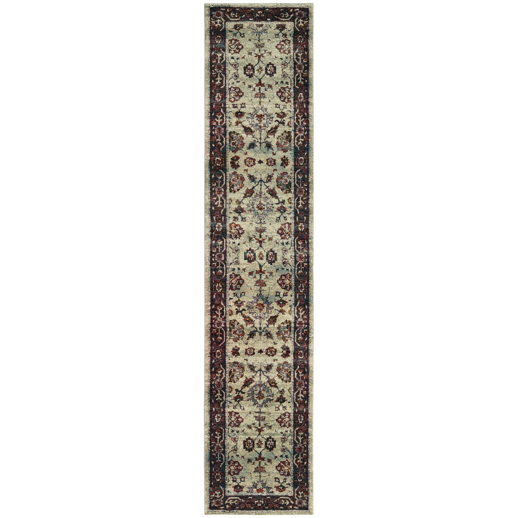 2' X 10' Stone And Red Oriental Power Loom Stain Resistant Runner Rug