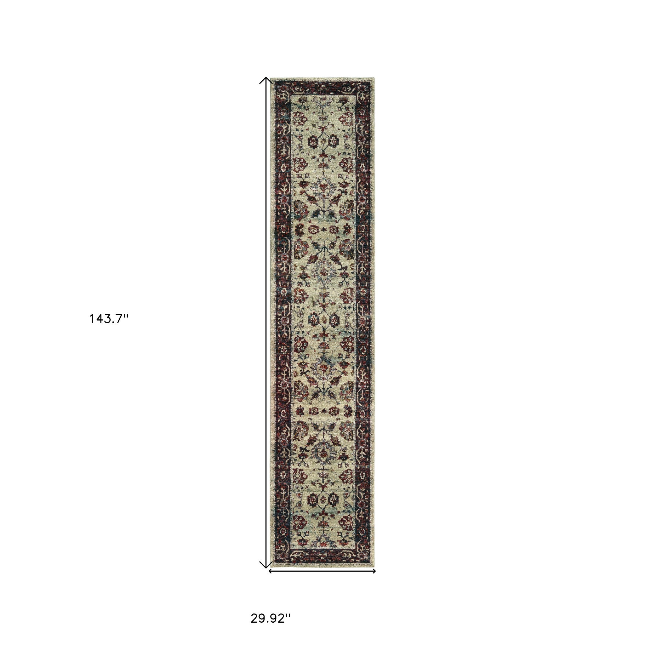 2' X 10' Stone And Red Oriental Power Loom Stain Resistant Runner Rug