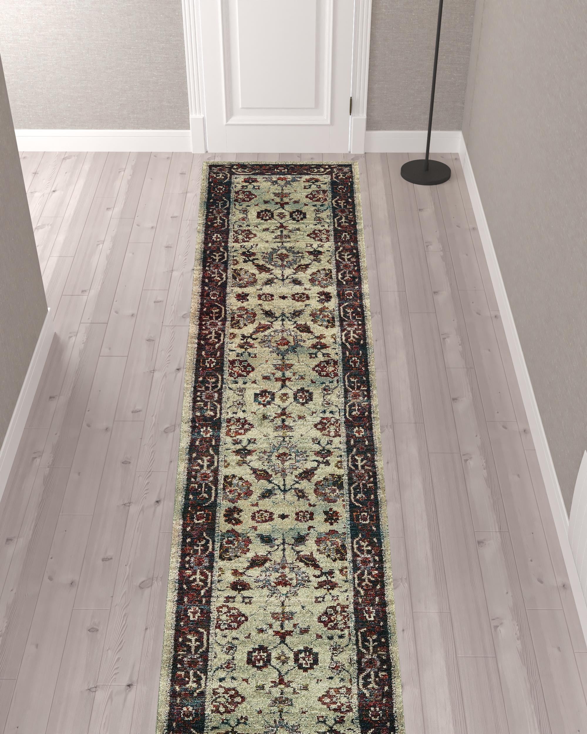 2' X 10' Stone And Red Oriental Power Loom Stain Resistant Runner Rug