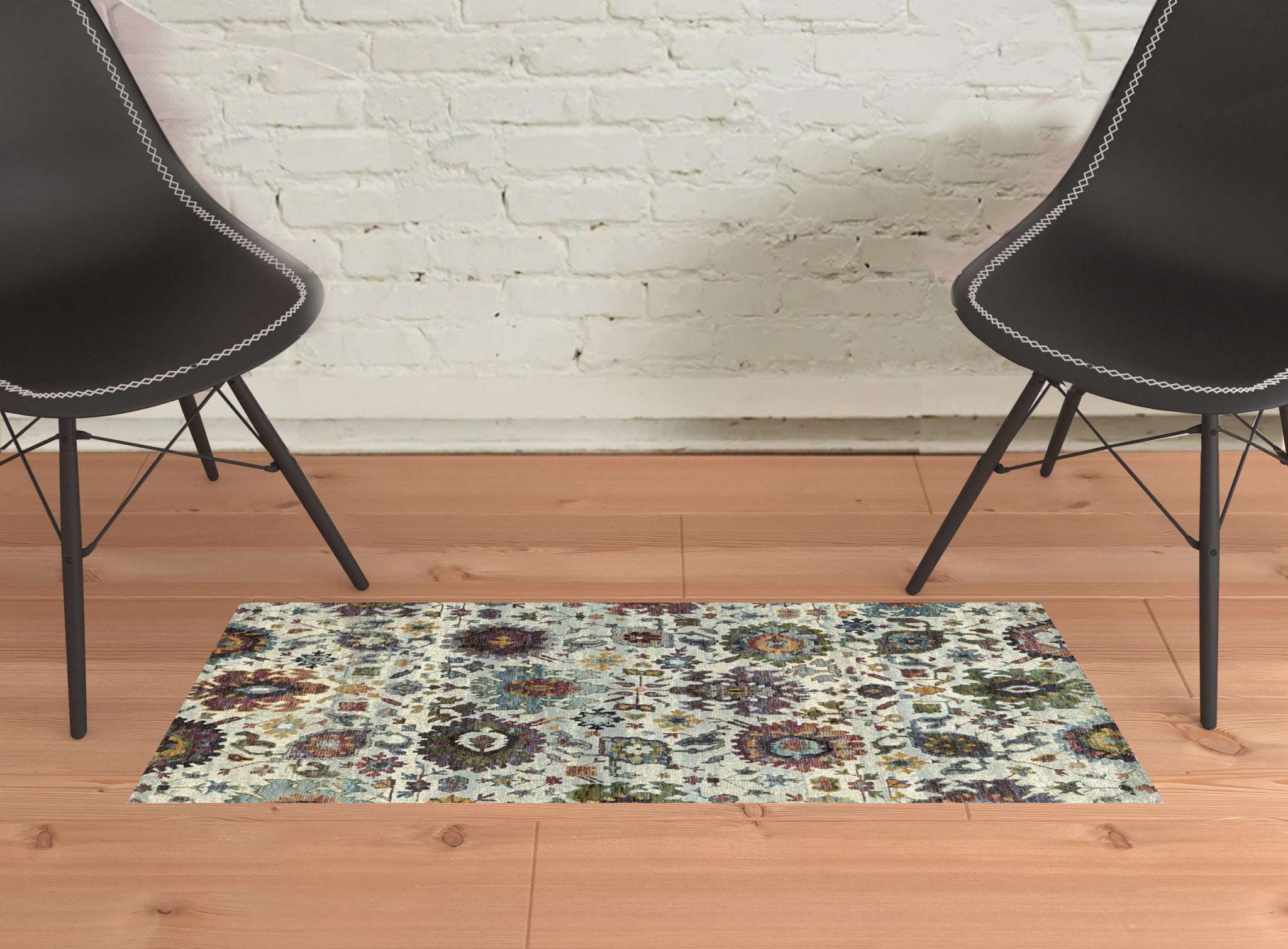 2' X 3' Stone Grey Purple Green Gold And Teal Oriental Power Loom Stain Resistant Area Rug