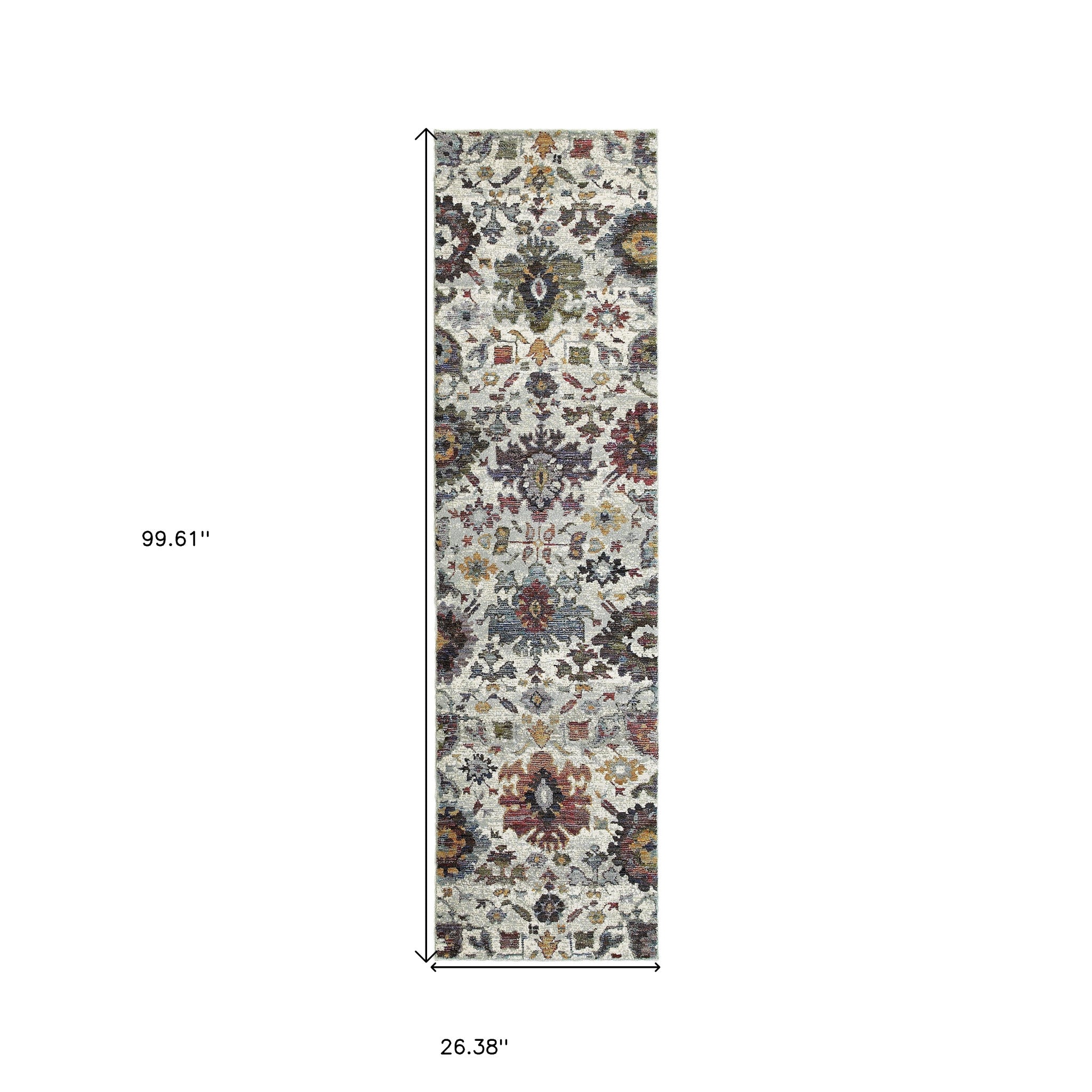 2' X 8' Stone Grey Purple Green Gold And Teal Oriental Power Loom Stain Resistant Runner Rug