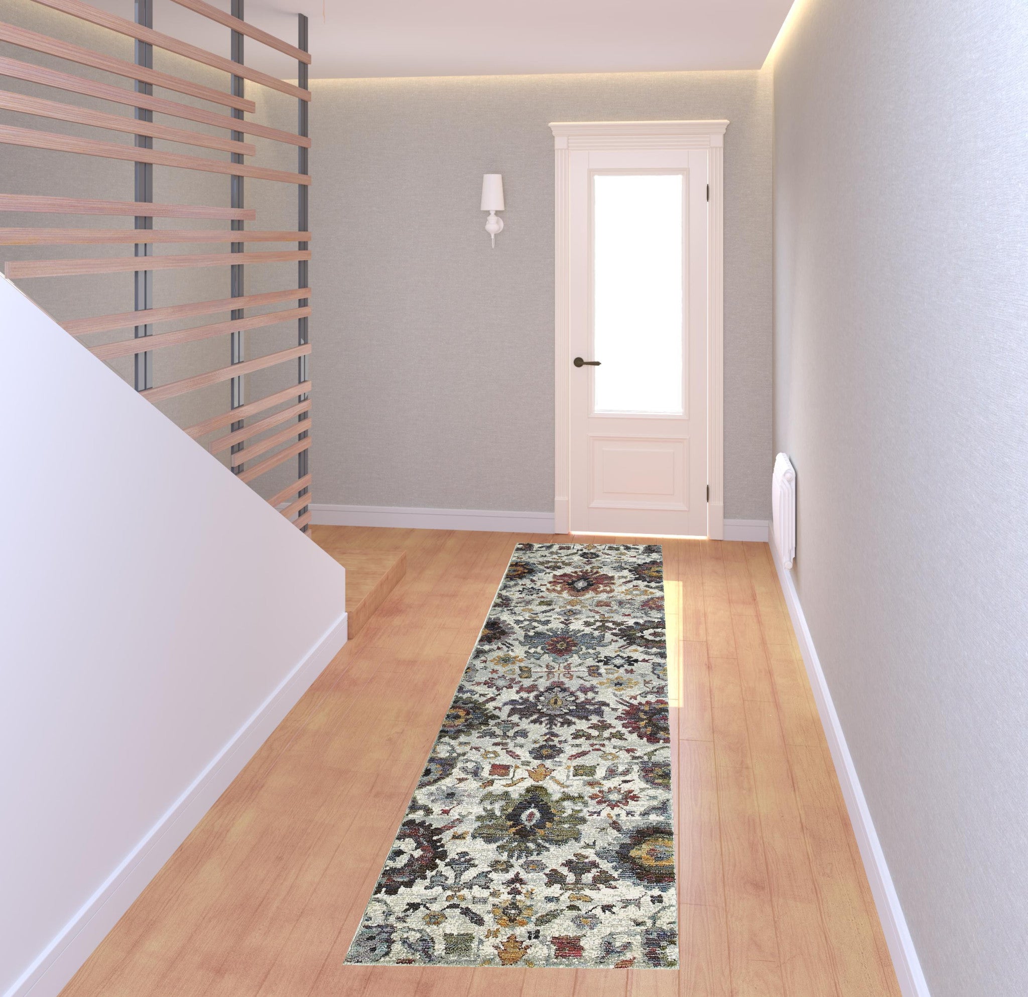 2' X 8' Stone Grey Purple Green Gold And Teal Oriental Power Loom Stain Resistant Runner Rug