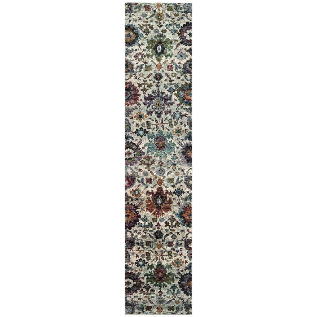 2' X 10' Green And Ivory Oriental Power Loom Runner Rug