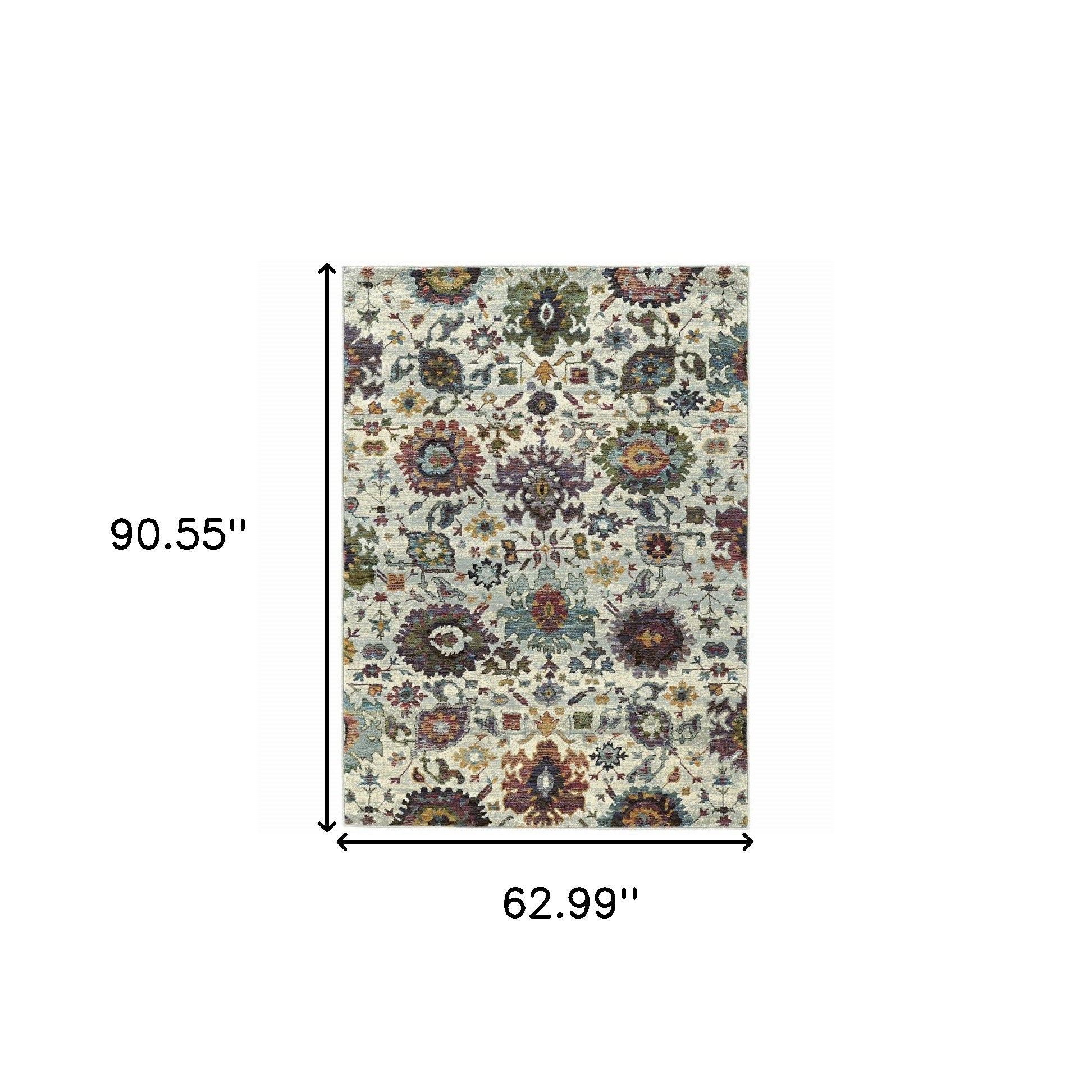 5' X 7' Stone Grey Purple Green Gold And Teal Oriental Power Loom Stain Resistant Area Rug
