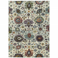6' X 9' Stone Grey Purple Green Gold And Teal Oriental Power Loom Stain Resistant Area Rug