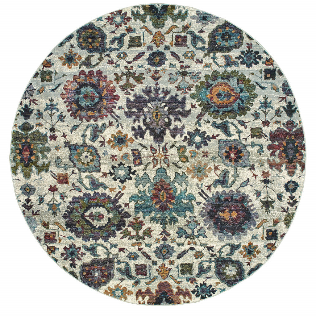 8' Stone Grey Purple Green Gold And Teal Round Oriental Power Loom Stain Resistant Area Rug