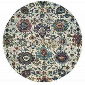 8' Stone Grey Purple Green Gold And Teal Round Oriental Power Loom Stain Resistant Area Rug