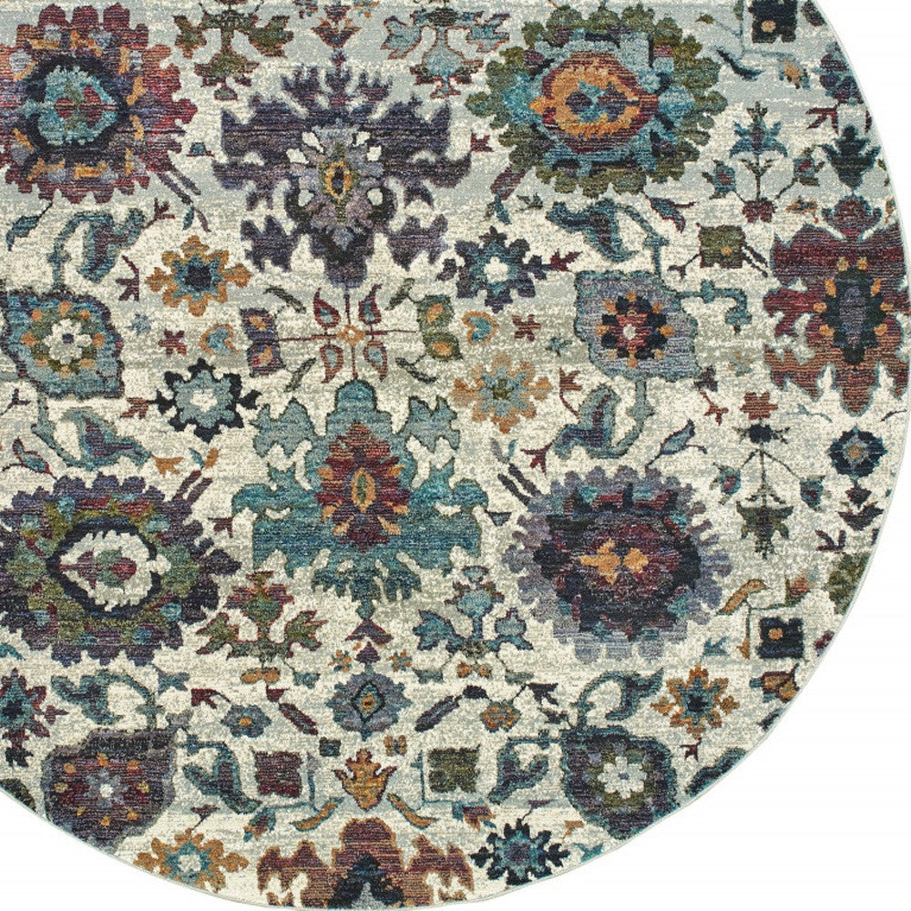 8' Stone Grey Purple Green Gold And Teal Round Oriental Power Loom Stain Resistant Area Rug