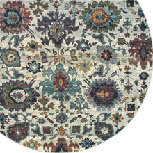 8' Stone Grey Purple Green Gold And Teal Round Oriental Power Loom Stain Resistant Area Rug