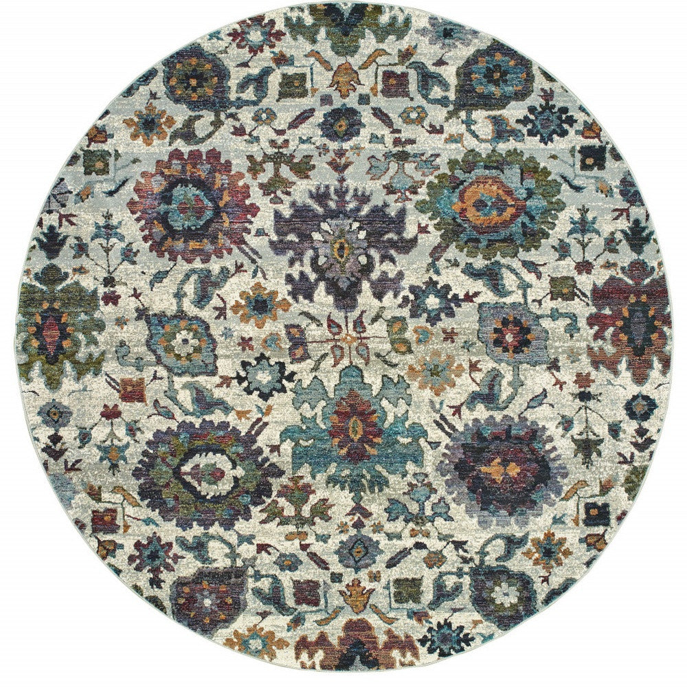 8' Stone Grey Purple Green Gold And Teal Round Oriental Power Loom Stain Resistant Area Rug