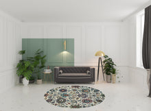 8' Stone Grey Purple Green Gold And Teal Round Oriental Power Loom Stain Resistant Area Rug