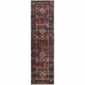 2' X 8' Red Purple Gold And Grey Oriental Power Loom Stain Resistant Runner Rug