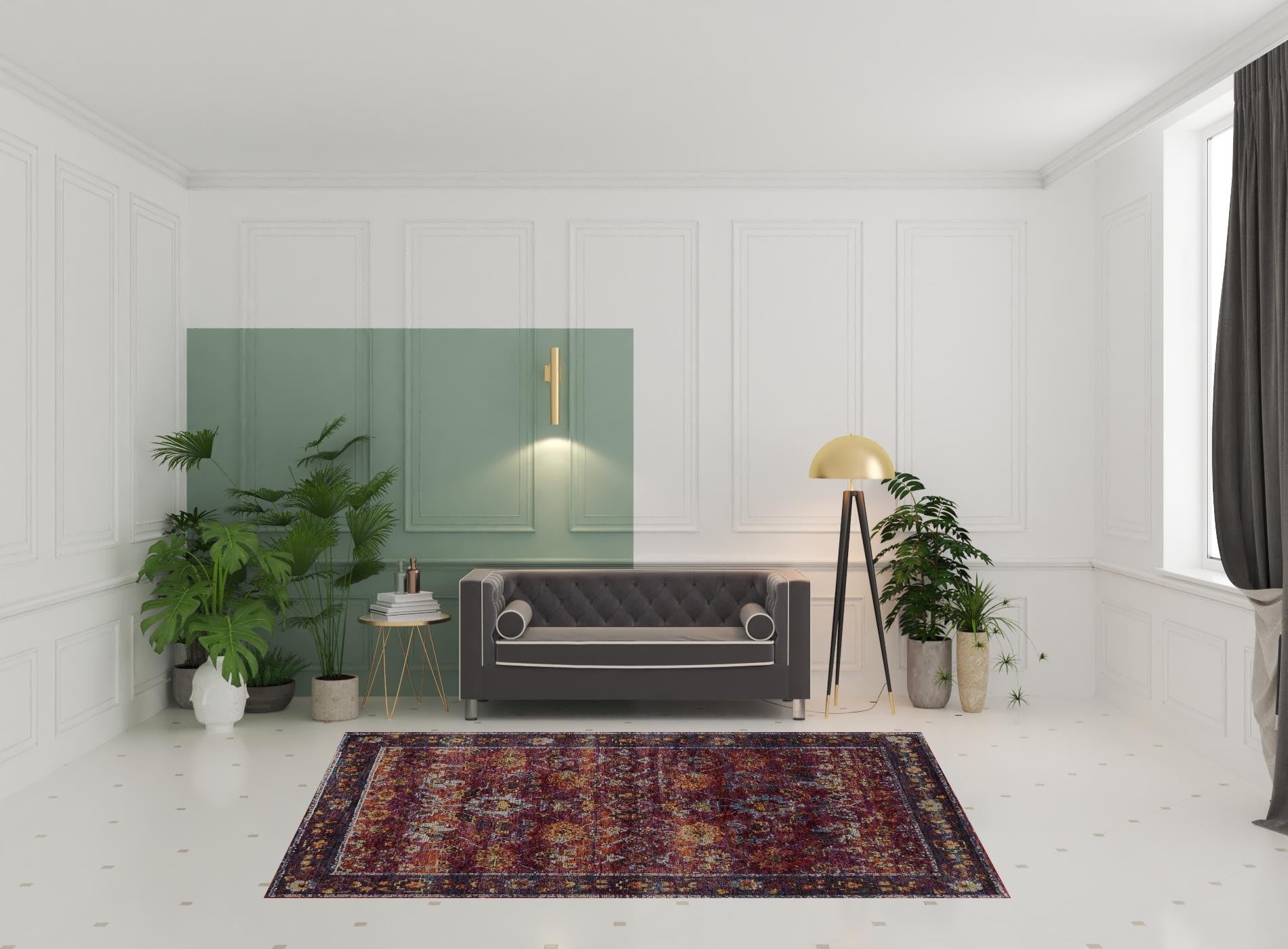 6' X 9' Red Purple Gold And Grey Oriental Power Loom Stain Resistant Area Rug