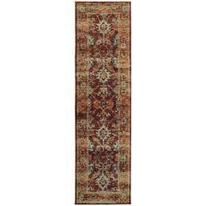 2' X 8' Red Gold And Green Oriental Power Loom Stain Resistant Runner Rug