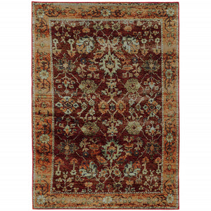 5' X 7' Red Gold And Green Oriental Power Loom Stain Resistant Area Rug